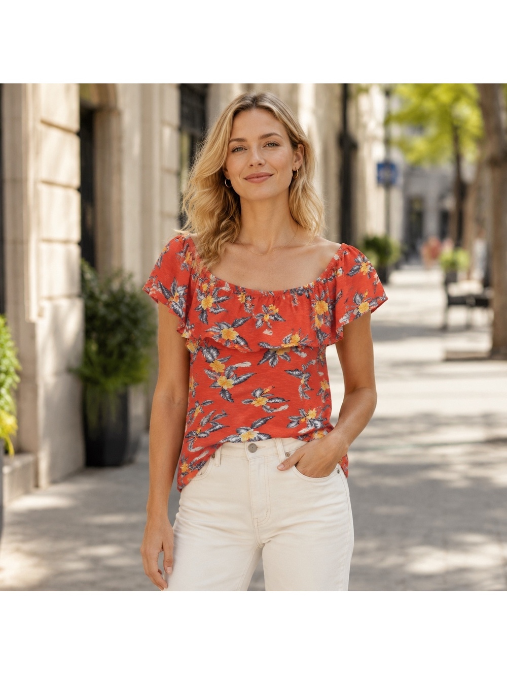 Coral Floral Off Shoulder Ruffle Top – The Marisol